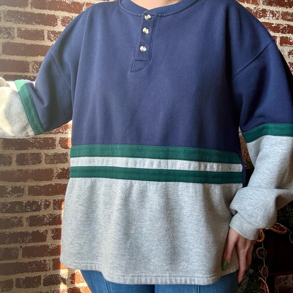 90s Colorblock Henley Sweatshirt - Picture 2 of 7